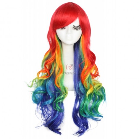 75cm Long Cosplay Wig Multicolour Rainbow Wavy Women Hair