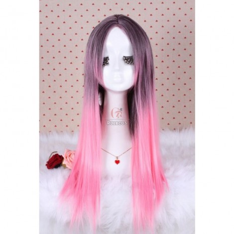 70cm Long Fashion Wig Charm Zipper Straight Mix Magenta Women Anime Cosplay Hair