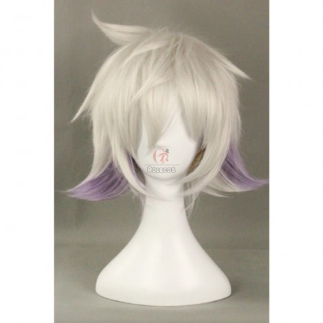 30cm Short Cosplay Wig Silvery Grey Mixed Light Purple Men Fluffy Synthetic Hair