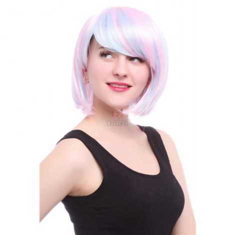 35cm Short Pink BOB Wig Mixed Blue Straight Women Party Hair